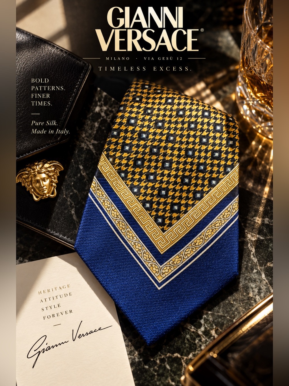 Gianni Versace Yellow and Black Geometric Houndstooth Silk Tie
